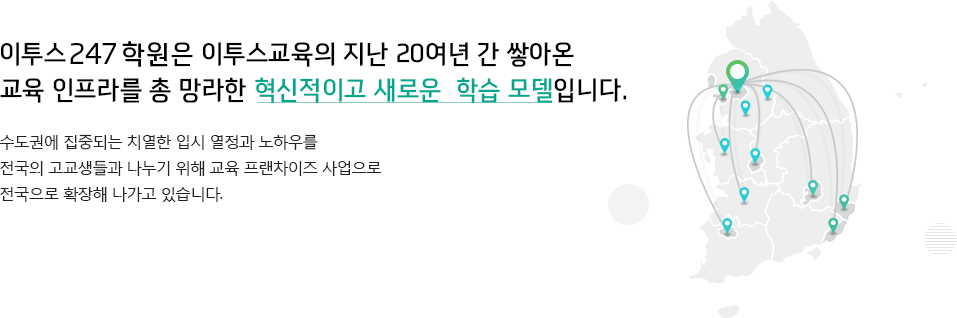 etoos 24/7는 이투스교육의 지난 20여년 간 쌓아온 교육 인프라를 총 망라한 혁신적이고 새로운 학습 모델입니다.